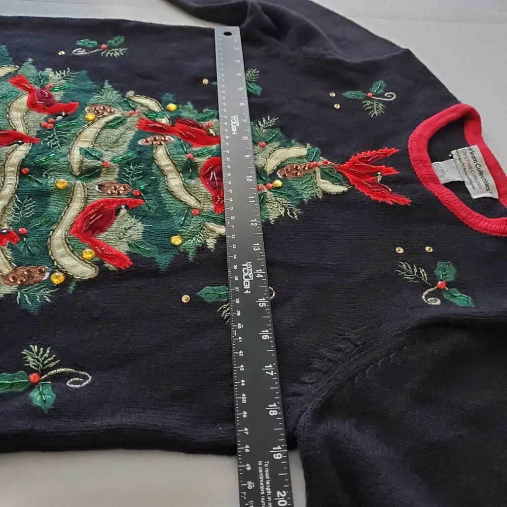 VNTG Christmas Sweater Embellished Tree Red Cardinals Heirloom Collectibles Sz L - Picture 4 of 7